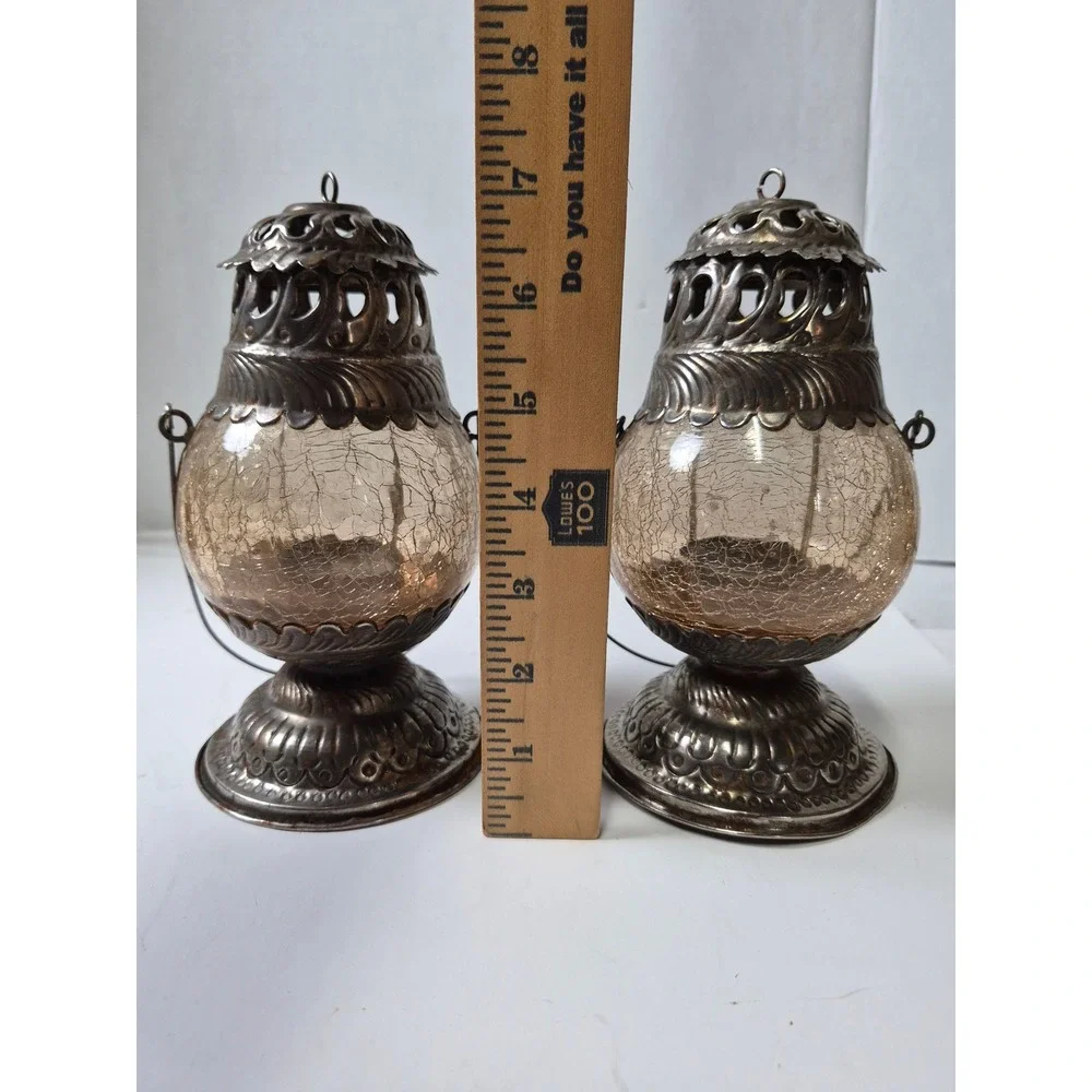 Vintage Silver Tone Crackle Glass Tea Light Lanterns Set of 2 Amber Boho Decor